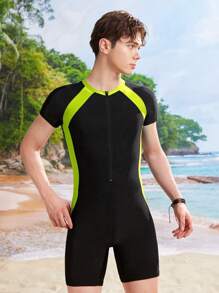 SHEIN Teen Boys 2pcs/Set Colorblock Splice Swim Trunks & Rashguard, Casual Beach, Surfing, Swimming, Summer - Green - View 9