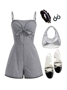 SHEIN 少女休闲蝴蝶结后背连体裤，带花卉蕾丝边 - 黑色 - 查看 2