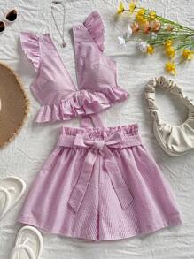 Soleia 2 件套女士休闲条纹荷叶边下摆吊带背心和短裤套装 - 彩色 - 查看 6