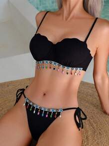 SHEIN Swim Ladies 2 Pieces Swimwear Set, Sexy Bandeau Bikini, Detachable Strap, Shell Decor, Hard Cup, Tassel, Comfortable Vacation Swimwear For Summer - Black - View 1