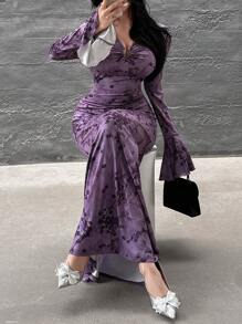 Feyla Women's Elegant Purple Knitted Maxi Dress With V-Neck, Long Bell Sleeves, And Ruffle Detail - Purple - View 5
