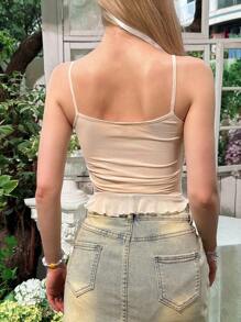 SHEIN Teen Girls' Fitted Casual Simple Round Neck Ruffle Floral Decor Camisole - Apricot - View 2