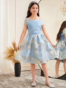 SHEIN Leap Crew Tween Girl's Elegant Off-Shoulder Blouse With Floral Print Skirt 2 Pieces Set - White - View 6