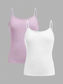 SHEIN Girlism Tween Girls 2pcs/Set All-Match Slim Fit Simple Basic Cami Top - Mauve Purple - View 1