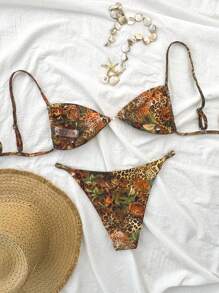 Swim Vcay Set de 2 piezas de top corto de tirantes finos con estampado retro sexy y conjunto de bikini con amarres en la parte posterior para mujeres