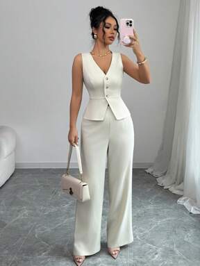Elenzga Damen elegantes ärmelloses Top und Hosen Set, Business Pendler Stil, Lehrerin Outfit für den Herbst