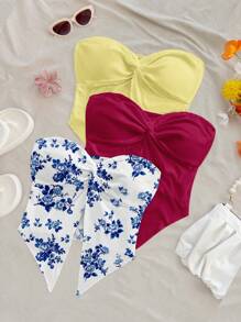 Soleia Set de 3 blusas informales con estampado floral para mujer de talla grande, en colores amarillo suave, morado oscuro y azul, adecuadas para el verano