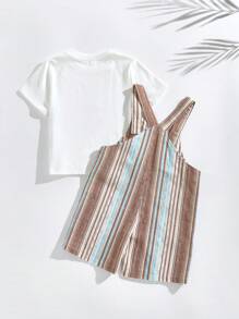 SHEIN Conjuntos de pantalón de tirantes a rayas y camiseta blanca para niños pequeños, estilo básico de vacaciones - Caqui - Ver 2