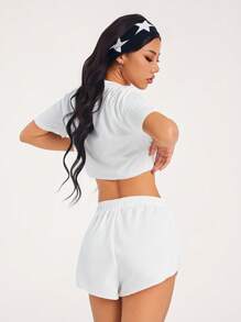 Hanevo 1 pieza Camiseta suelta y corta para mujer, 2 piezas Conjunto de ropa de moda y minimalista - Blanco - Ver 6