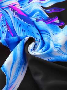 女士优雅简约印花侧抽绳泳衣裙和纯色高腰三角比基尼泳裤，女士沙滩装 - 彩色 - 查看 3