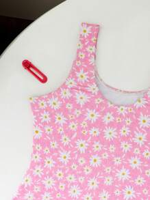 SHEIN 1pc Tween Girl' One-Piece Swimsuit With Random Daisy Flower Print - Pink - View 5