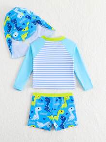 Baby Boy Swimming Suit Set: Top With Fixed Print, Bottom With Random Print + Swimming Cap - Multicolor - View 2