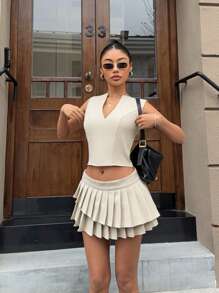 SHEIN EZwear Ensemble 2 pièces pour femmes avec Top sans manches col V unicolore et jupe