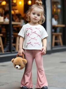 SHEIN 2pcs Set Young Girls Solid Color Crew Neck Fitted Tshirt Top And Flared Fitted Pants - Multicolor - View 6