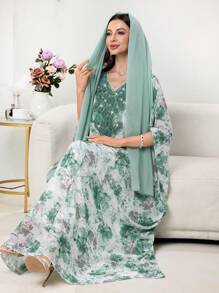 Al Najma V-Neck Heavily Embroidered Turkish Tunic & Traditional Arabic Long Dress, Spring & Summer, Modest Kaftan