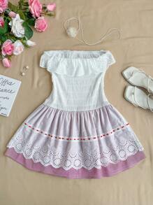 SHEIN Unity Cute Frilled Collar Pleated Fitted Sweet Tube Top Patchwork Ruffle Hem Mini Dress - Multicolor - View 2