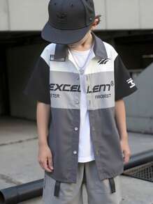 SHEIN Chemise pour jeune garçon style casual, patchwork blocs de couleurs style moto, imprimé lettres, et mode - Multicolore - Voir 1