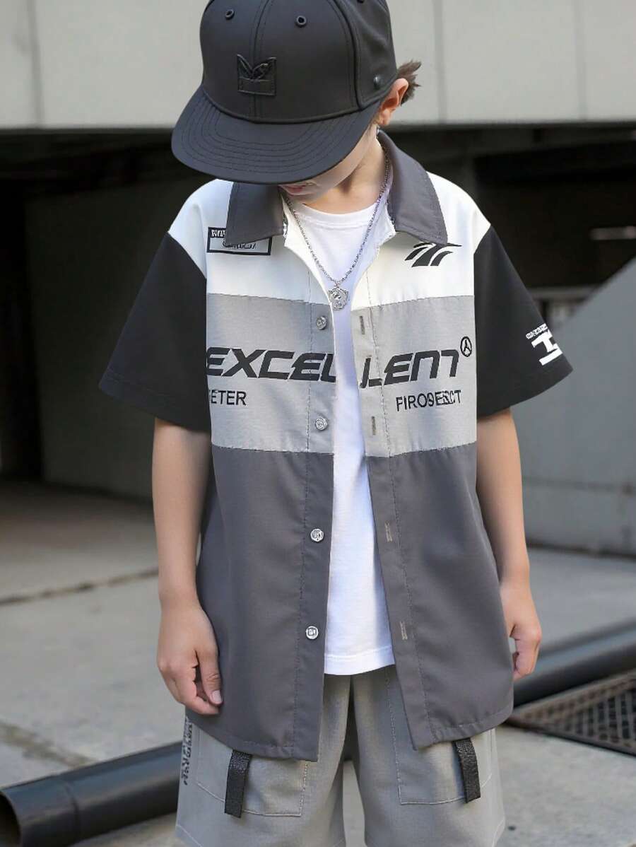 SHEIN Chemise pour jeune garçon style casual, patchwork blocs de couleurs style moto, imprimé lettres, et mode - Multicolore - Voir 1