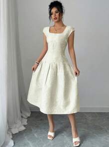Elenzga Abito casual di media lunghezza in tessuto jacquard, nuovo per il 2025, look elegante per donna - Albicocca - Visualizzare 1