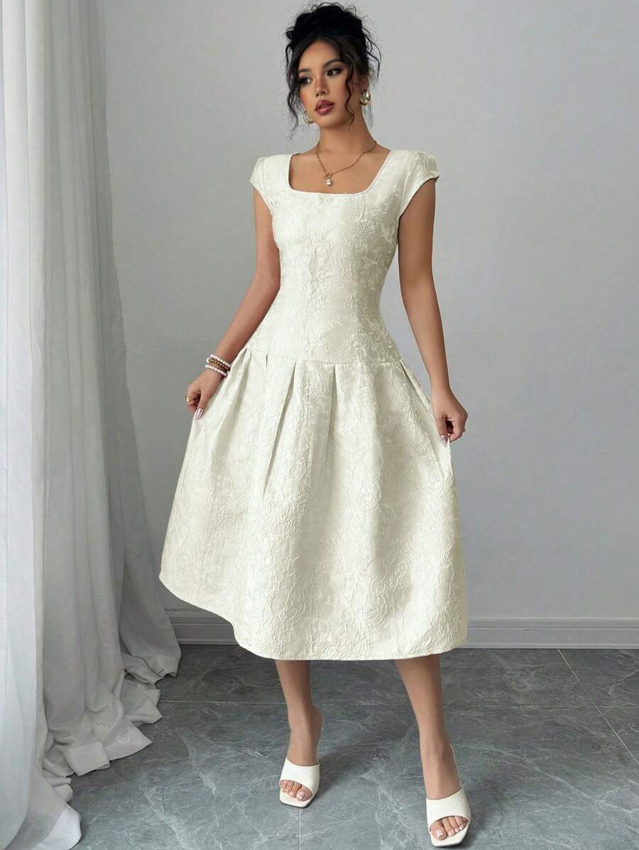 Elenzga Abito casual di media lunghezza in tessuto jacquard, nuovo per il 2025, look elegante per donna - Albicocca - Visualizzare 1