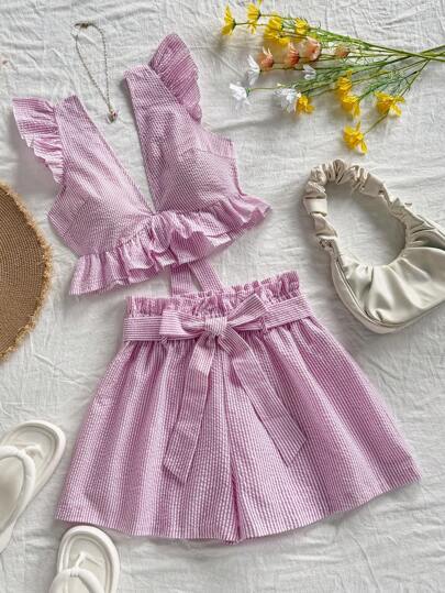 Soleia 2 件套女士休闲条纹荷叶边下摆吊带背心和短裤套装