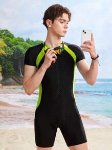 SHEIN Teen Boys 2pcs/Set Colorblock Splice Swim Trunks & Rashguard, Casual Beach, Surfing, Swimming, Summer - Green - View 4