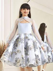 SHEIN 2pcs Set Tween Girls Elegant Jacquard Patchwork Stand Collar Slip Dress & Cover Up Outfit