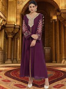 Al Najma Luxury Embroidered  Arabic Desses For Women, Women's Turkish Long Dress,Burgundy Dress,Luxurious Jalabiyas - Rose Red - View 4