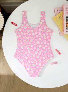 SHEIN 1pc Tween Girl' One-Piece Swimsuit With Random Daisy Flower Print - Pink - View 3