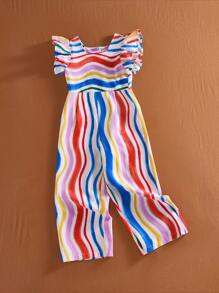 SHEIN Young Girls Cute Colorful Striped Cap Sleeve Loose Straight Leg Bodysuits & Jumpsuits, Resort & Party Styles - Multicolor - View 3