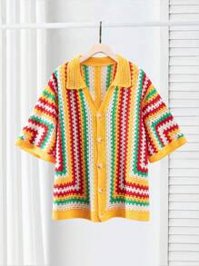 Manfinity CityGents Men's Loose Fit Vacation Style Allover Pattern Hollow-Out Knitted Top, Summer Crochet Men Shirt  Men S Retro Shirts Men's Old Money