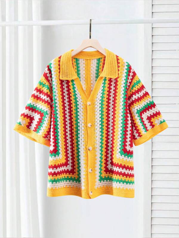 Manfinity CityGents Men's Loose Fit Vacation Style Allover Pattern Hollow-Out Knitted Top, Summer Crochet Men Shirt  Men S Retro Shirts Men's Old Money