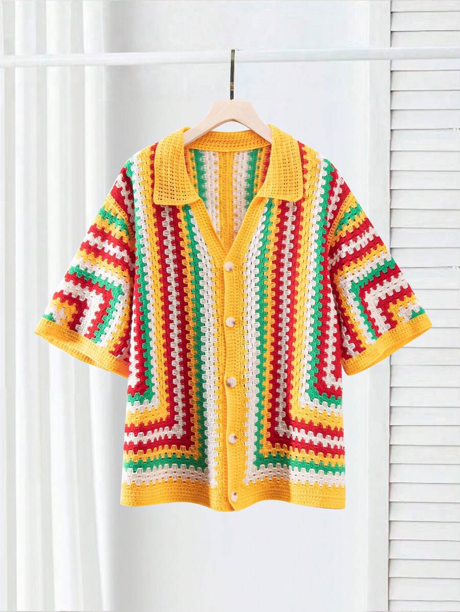 Manfinity CityGents Men's Loose Fit Vacation Style Allover Pattern Hollow-Out Knitted Top, Summer Crochet Men Shirt  Men S Retro Shirts Men's Old Money
