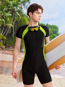 SHEIN Teen Boys 2pcs/Set Colorblock Splice Swim Trunks & Rashguard, Casual Beach, Surfing, Swimming, Summer - Green - View 5