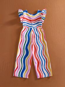 SHEIN Young Girls Cute Colorful Striped Cap Sleeve Loose Straight Leg Bodysuits & Jumpsuits, Resort & Party Styles - Multicolor - View 2