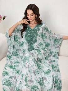 Al Najma V-Neck Heavily Embroidered Turkish Tunic & Traditional Arabic Long Dress, Spring & Summer, Modest Kaftan