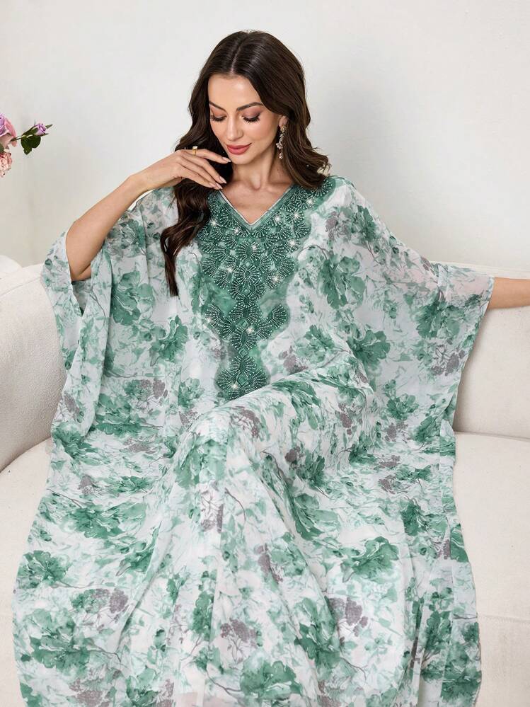 Al Najma V-Neck Heavily Embroidered Turkish Tunic & Traditional Arabic Long Dress, Spring & Summer, Modest Kaftan - Multicolor - View 1