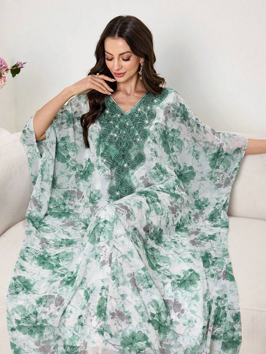 Al Najma V-Neck Heavily Embroidered Turkish Tunic & Traditional Arabic Long Dress, Spring & Summer, Modest Kaftan