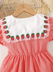 SHEIN Young Girl 1pc Casual Plaid Print Peter Pan Collar Puff Sleeve Short Dress For Girls - Red - View 4