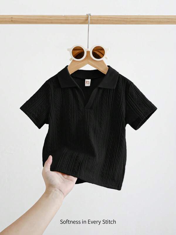 Cozy Pixies Baby Boy Contrast Color Geometric Jacquard Collar Short Sleeve Half-Placket Shirt