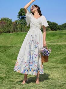 Modelyn 时尚浪漫的女士花卉印花连衣裙 - 杏色 - 查看 7