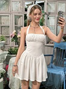 SHEIN 青少年女孩休闲褶皱领露背荷叶边下摆修身迷你连衣裙