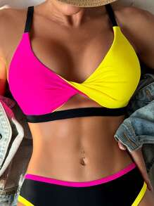 SHEIN Swim Bikini da donna a due pezzi con colori misti e design intrecciato sulla parte anteriore, costumi da bagno casual e confortevoli adatti per le vacanze