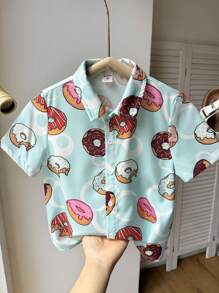SHEIN 1pc Young Boy Casual School Style Comfortable & Fashionable Sweet Minimalist Multi-Purpose Soft Cute Donut Print Short Sleeve Collar Shirt Top, Suitable For Vacation, Spring/Summer, Holidays, Daily Wear - Blue - View 5