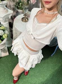 SHEIN 3-Piece Set: Fitted Casual Lace Trim Contrast Color T-Shirt, Camisole, And Mini Skirt For Teen Girls