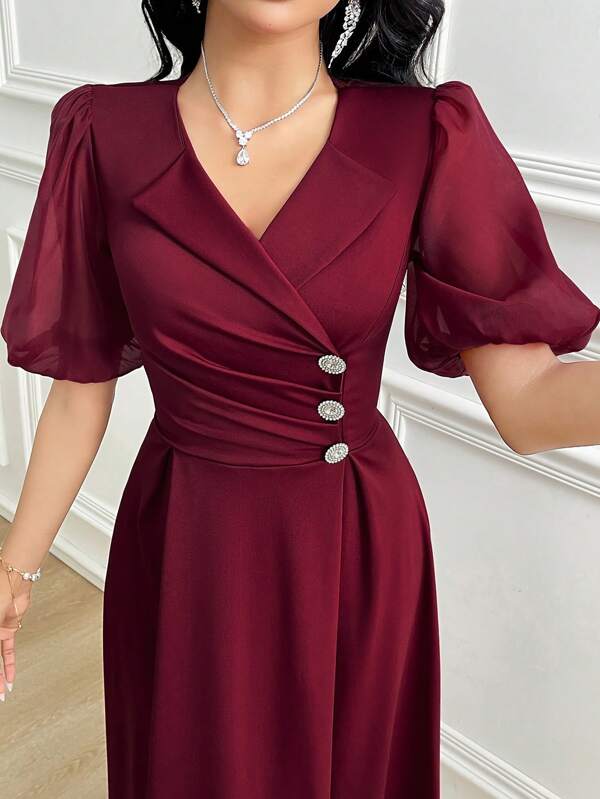Modelyn Elegant And Luxurious Puff Sleeve Flared Hem Dress For Women,Wedding Guest Dress Women,Red Dresses Classy Elegant,Burgundy Dress,Formal Dresses