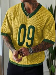 Manfinity Homme 男士街头风格撞色V领数字印花插肩针织套头衫男士针织上衣男士男士度假男士针织上衣男士针织 - 黃色 - 查看 5