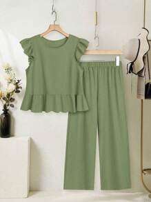 SHEIN LUNE 2pcs Women Solid Color Cap Sleeve Round Neck Top And Pants Set - Army Green - View 2