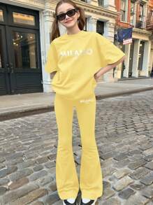 SHEIN 2pcs/Set Tween Girls Casual Minimalist Short Sleeve Top & Long Pants Set, Suitable For Summer