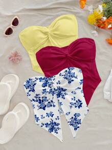 Soleia Set de 3 blusas informales con estampado floral para mujer de talla grande, en colores amarillo suave, morado oscuro y azul, adecuadas para el verano